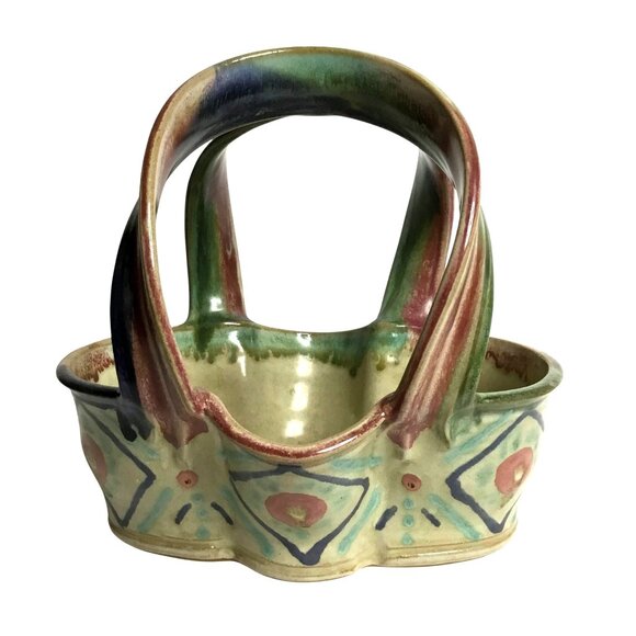 POR MUNTO Signed Studio Pottery Basket Multicolor 8 Handmade Boho Stoneware OOAK - Picture 1 of 9